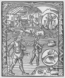 Oktober, Säen, Pflügen und Dreschen, Waage, Illustration aus dem 